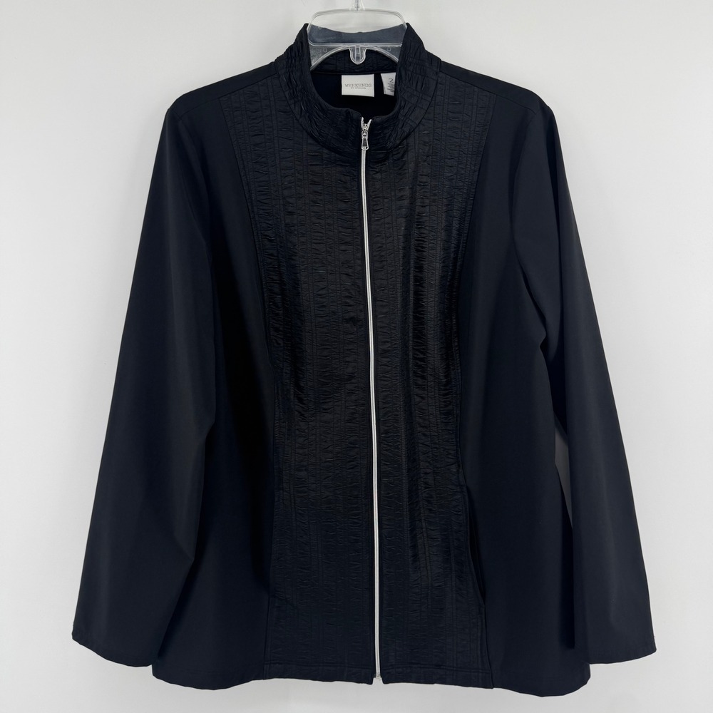 Weekends by Chico's Full Zip Jacket Womens 2 Large Black Textured‎ Stretch - Picture 2 of 12